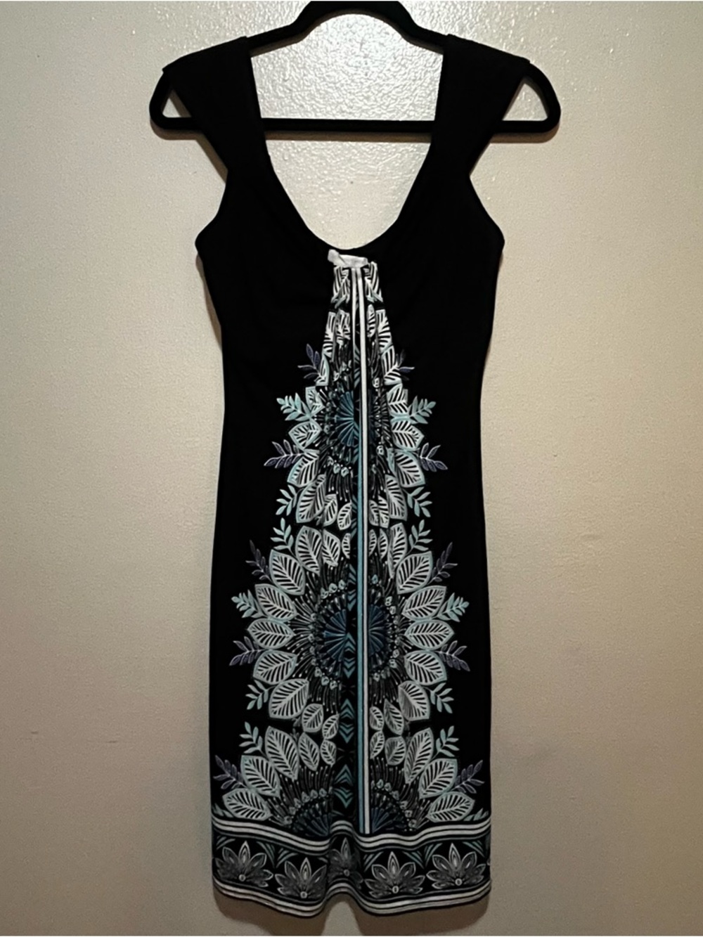 Y2K Noon Times Black Midi Dress‎ Blue Floral Panel Stretch Size 6